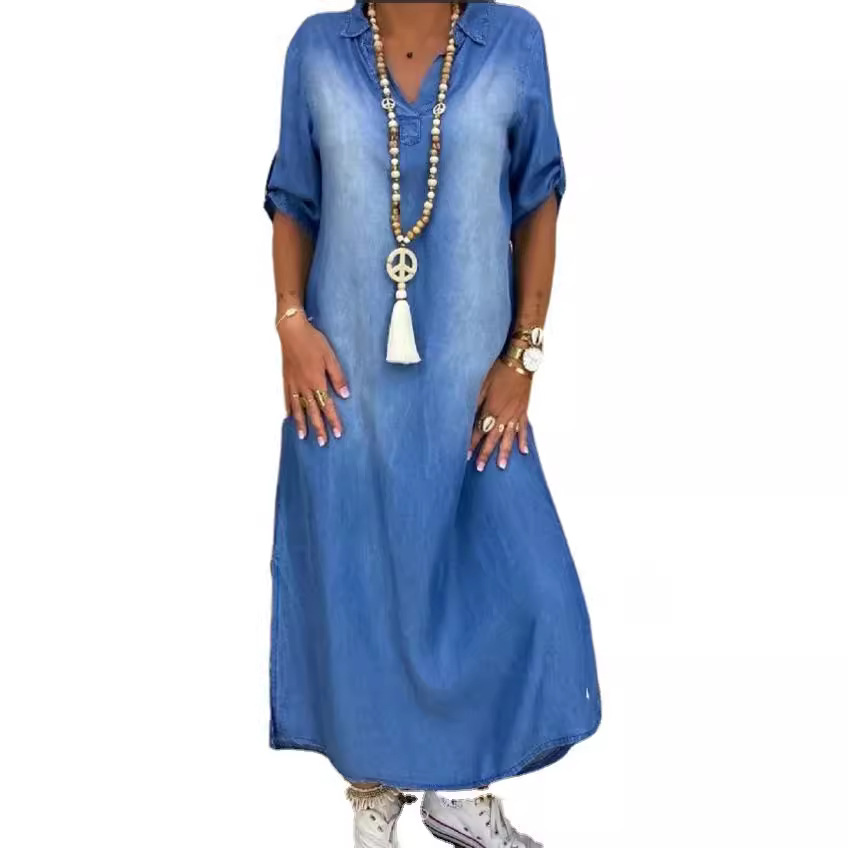 Cycling Commute Outfit - Lockeres Damen-Jeanskleid, gewaschenes Outfit, A-Linien-Rock, Kurzarm,